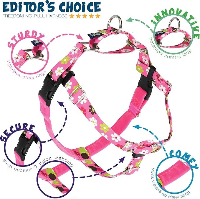 2 Hounds Design - Freedom No-Pull Harness & Training Leash in Pink Daisy | Dual Leash Loops, No Pulling on Walks | Lined to Prevent Chaffing | for Large Sized Dogs (Size M, Chest 24”- 28”)