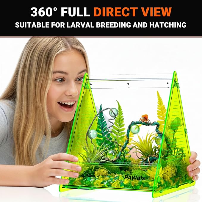 Triangular Jumping Spider Enclosure, Acrylic Terrarium with Magnetic Doors, 0.8mm Micro-Ventilation& Escape-Proof Design for Tarantulas, Lizards, Small Pets (Green,9.4"x10.9"x10.6")