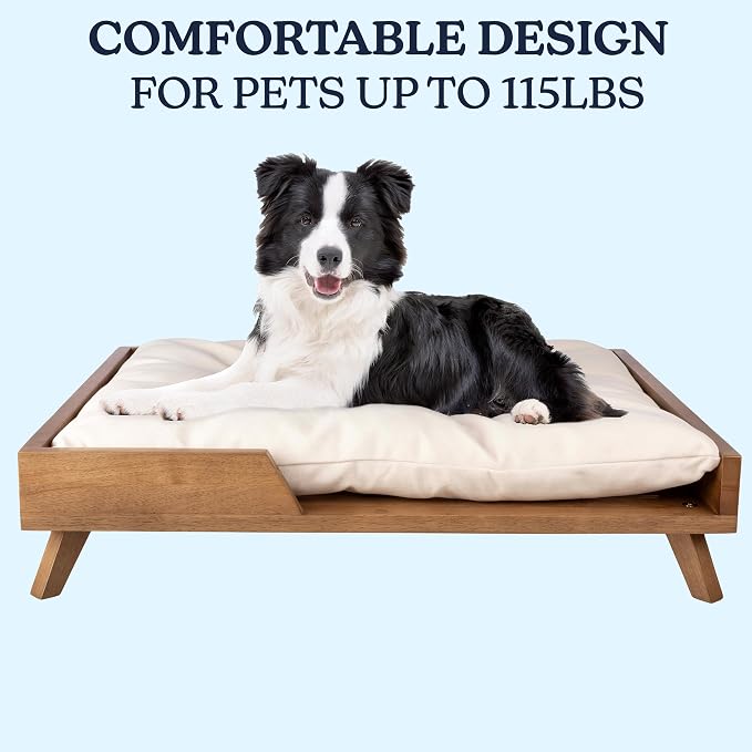 PETMAKER Elevated Dog Bed for Medium to Large Pets, Natural, 36” x 29.5” | Indoor Medium Dog Bed with Solid Wood Frame and Soft Cushion, Mid-Century Modern Raised Pet Furniture