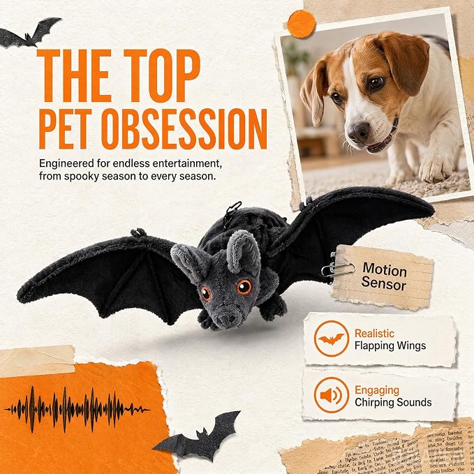 Interactive Flying Bat Dog Toy, Flapping Wings Cute Bat for Indoor Cats & Dogs, Automatic Flapping Wings with Chirping Sounds, Touch Activated, Rechargeable for Solo Play，Manual+Remote