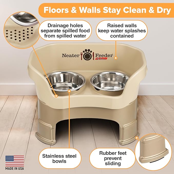 Neater Feeder Deluxe Mess-Proof Elevated Dog Bowls for Medium Dogs (19–40 lbs), 2 Height Adjustable (10” & 12.5”) No-Spill Raised Dog Bowl Stand, Stainless Steel Food Bowl Set, Made in USA, Cappuccino