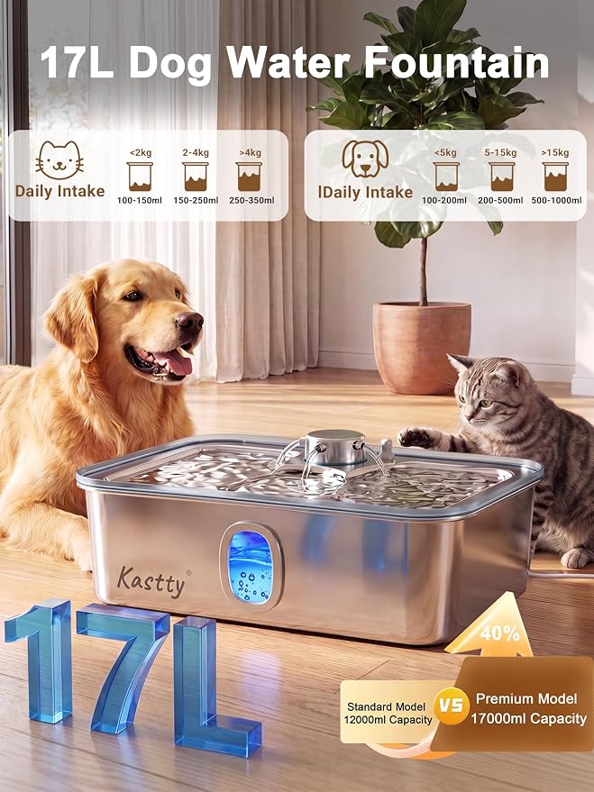 Kastty 17L/4.5Gal Large Dog Water Fountain Stainless Steel for Multi-Pet | Quiet Pet Water Fountain , Automatic Dog Water Bowl Dispenser with Visible Window & Alert Light, 5-Stage Filtration FS85