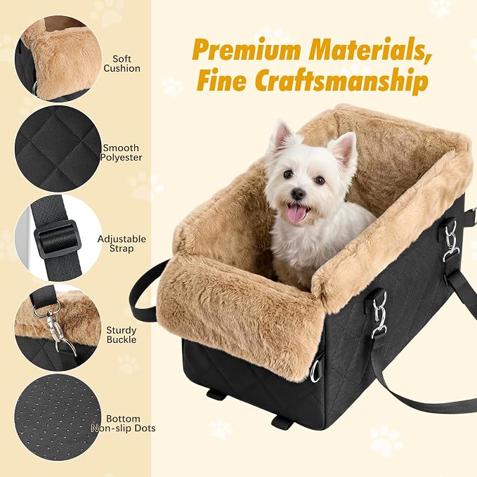 Center Console Dog Car Seat for Small Dogs&Cats Under 12 LBS | Puppy Car Seats with Non-Slip&Strong Support, Anti-Collapse Portable Pet Bed for Puppies with Soft Cushion Safety Belt, Brown