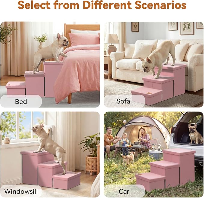 Zerbuger Dog Stairs with Storage, Pink 3 Steps Dog Ramp no Condo for Bed | 18" H Wider Dog Steps for High Beds Couch, Folding Storage Pet Stairs Gift for Climbing Small/Medium/Large Old Dogs Cats