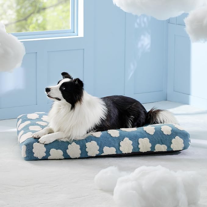 LE SURE Cute Aesthetic Dog Bed for Crate,Jacquard Thick Pet Pillow 35x22 | Shredded Chopped Foam,Modern Plush Crate Cushion Gift for Large Dog, Waterproof Washable Cover, Nonslip Bottom, Blue