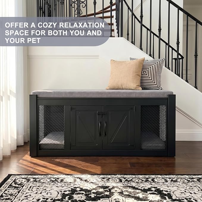 Faceket Dog Crate Furniture with Padded Seat, Luxury Wooden Dog Kennel, End of Bed Bench Ottoman with Removable Cushion for Bedroom, Entryway, Black