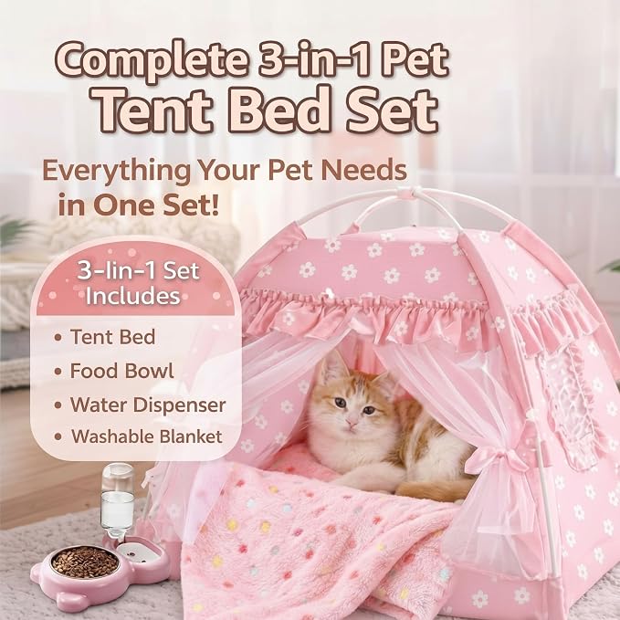 BreezeHug Cat Tent Bed with Bowl Water Dispenser Washable Cushion Blanket, Pink Princess Indoor Pet House Small Dog Bed Puppy Nest for Kitten Teacup Chihuahua Yorkie Maltese, 13.78 x 13.78 x 13.78 in