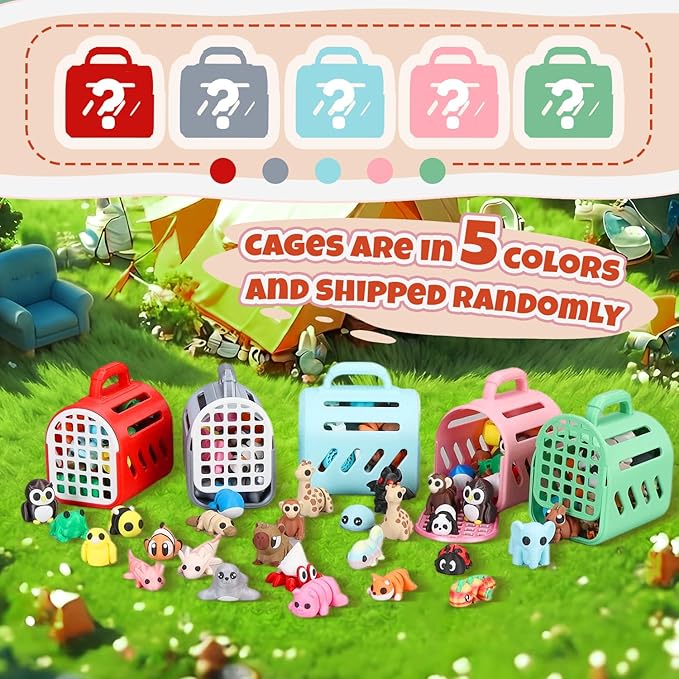 40 PCS 3D Printed Animals, Mini 3D Printed Animal Figurines with Cage, Flexible Articulated Fidget Toys for Desk Decor, Party Favors, Goodie Bag Stuffers, Classroom Rewards