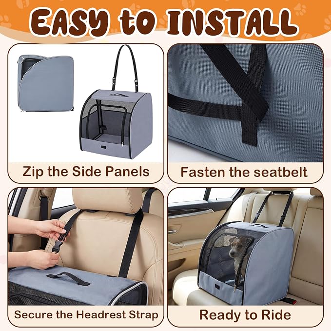 Dog Car Crate, Enclosed Foldable Cat Car Seat Carrier, 20x19x19.5in, Gray | Portable Dog Cat Carrier with Seatbelt Attachment & Headrest Strap, Soft-sided Pet Kennel with Bed for Pet Travel up to 25 lb