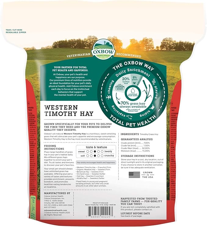 Oxbow Timothy Hay, Rabbit & Guinea Pig Hay, High Fiber for Digestive Health, Grown in the USA, Veterinarian Recommended Small Pet Supplies, for Rabbits, Guinea Pigs, & Chinchillas, 15 oz. (Pack of 2)