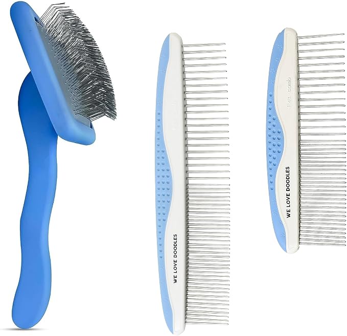 We Love Doodles Dog Grooming Comb Set & Large Dog Slicker Brush Bundle - Grooming Comb & Long Pin Brush for Dogs Kit - Removes Tangles & for Dematting - Brush for Shedding - Made in USA