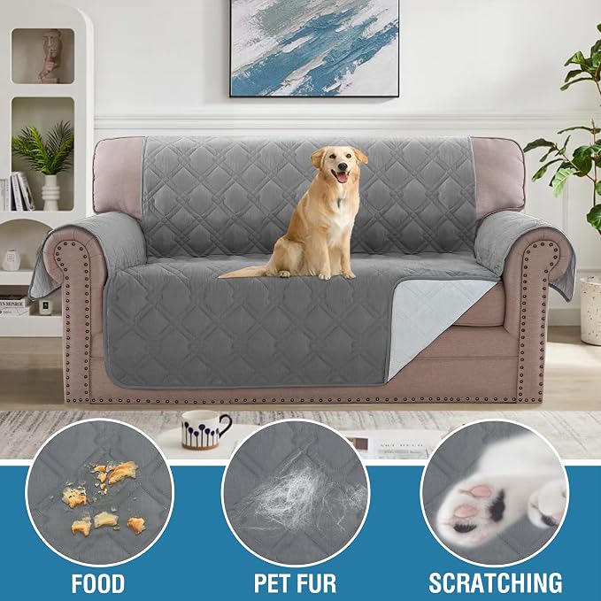 H.VERSAILTEX Loveseat Covers for 2 Cushion Couch Sofa Cover for Dogs 100% Waterproof Furniture Protector Cover with Elastic Straps for Pet Cat(Loveseat, Dove Grey)