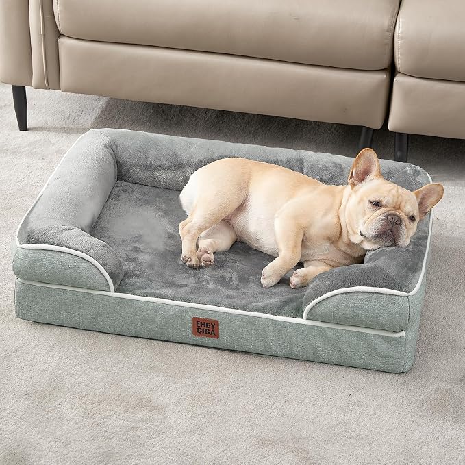 EHEYCIGA Orthopedic Dog Beds Large Sized Dog, Waterproof Washable Pet Bed | Non-Slip Bottom and Egg-Crate Memory Foam Dog Couch Bed with Washable Removable Cover, Greyish Green