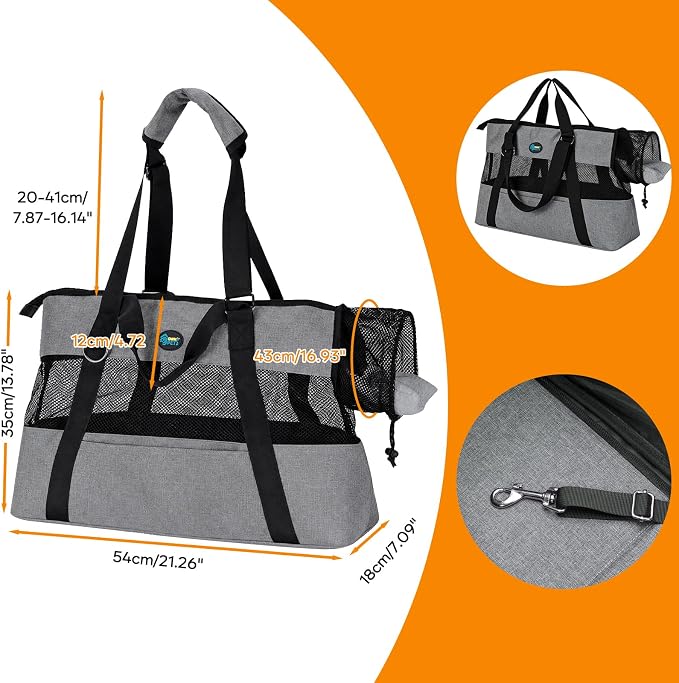 Ownpets XL Cat Dog Purse Carrier, Grey Breathable Mesh, Fits 20lbs | Summer ventilation, lightweight design, shoulder strap, travel vet shopping, grey