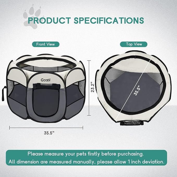 Goozii Pet Cat Playpen for Indoor Cats Enclosed, Puppy Dog Play Pen for Outdoor Travel Camping (Medium Size, Beige & Dark Grey)