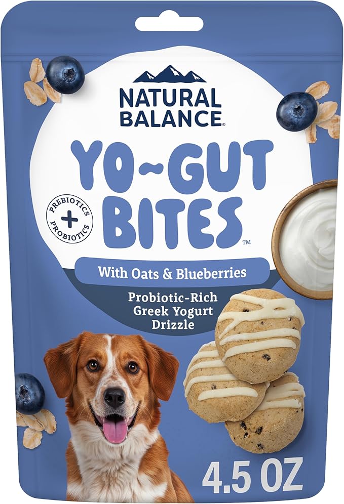 Natural Balance Yo-Gut Bites Crunchy Dog Treats with Real Oats & Blueberries, Greek Yogurt Drizzle, Probiotics for Digestive Support, 4.5oz Bag
