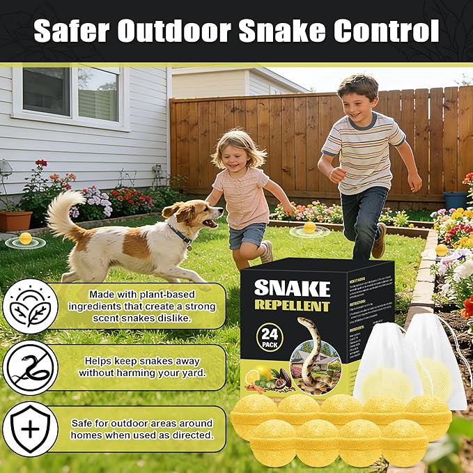 24 Pack Snake Repellent Balls, Natural Snake Deterrent for Yard, Garden & Garage, Long Lasting Outdoor & Indoor Snake Repellent, Safe for Pets & Kids, Easy to Use