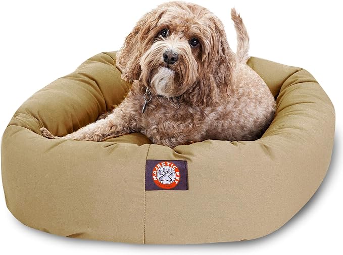 Majestic Pet Bagel Calming Dog Bed, 32 Inch Medium, Round, Washable, Khaki | Cozy Soft Fluffy Donut Pet Bed with Spine Support for Head Rest – Anti-Anxiety Comfort for Puppies & Dogs, 32x23x7 Inches