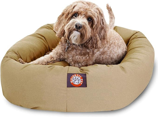 Majestic Pet Bagel Calming Dog Bed, 32 Inch Medium, Round, Washable, Khaki | Cozy Soft Fluffy Donut Pet Bed with Spine Support for Head Rest – Anti-Anxiety Comfort for Puppies & Dogs, 32x23x7 Inches