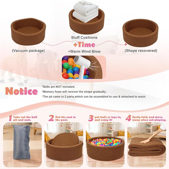 Imitation Teddy Colours Foam Ball Pit 35.4"x 11.8" Soft Round Playpen for Toddlers Dogs Cats with Soft Memory Sponge for Babies Indoor and Outdoor Game Brown (Balls not Included)
