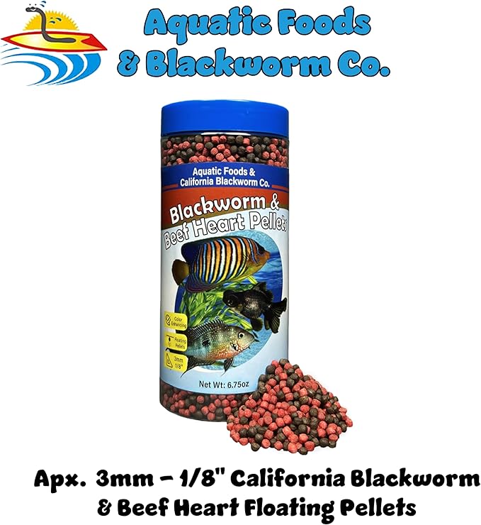 Aquatic Foods Inc. 3mm -1/18" California Blackworm & Beef Heart Floating Pellets for Marines, Cichlids, Tropical Fish, Koi & Pond Fish, 4-Type Wafer & 12-Type Pellet Mix Included 6.75oz Canister