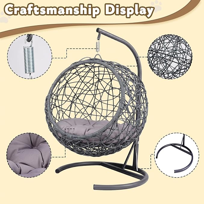 Hanging Cat Swing Bed with Stand, Rattan Egg Chair for Cats | Rattan Egg Chair Design, Soft Cushion, Stable Stand, Cozy Swinging Resting Spot For Cats And Small Dogs
