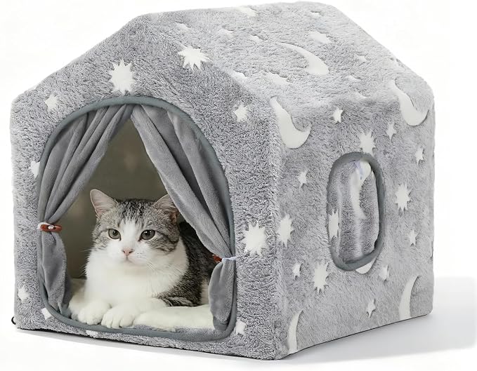 Indoor Dog House, Soft Warm Glow Dog Cave for Cat & Small Dogs | Warm Plush Dog Cave Bed with Sturdy Frame, Machine Washable, Non-slip, for Indoor Dogs and Cats