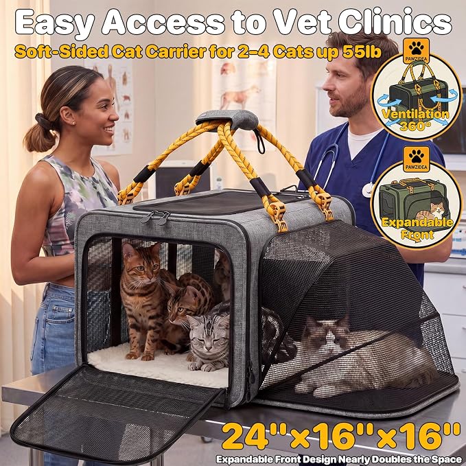 PAWZIDEA Expandable Large Pet Carrier, Soft-Sided 2–4 Cats Carrier Up 55lbs | 24"×16"×16" Collapsible Small to Medium Dog Carrier Travle Bag, Portable Dog Crate for Car Travel, Breathable, Storage Pocket