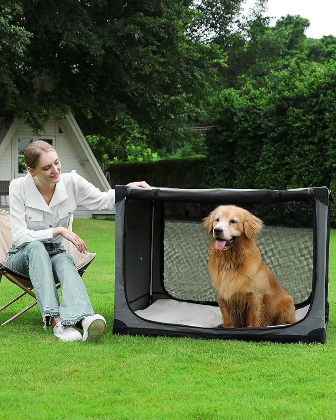 Veraste 42" Soft Collapsible Travel Dog Crate for Large Dogs,Grey | 4-Door Foldable Travel Crate,breathable mesh, foldable with storage bag
