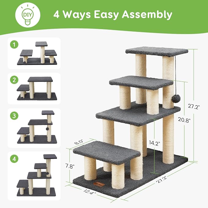 Dog Stairs & Cat Scratching Post Pet Steps for High Bed Couch | High-Strength Boards Hold up to 150 lbs for Indoor Small Cats Kittens Dogs Climbing Playing, 4 Combination Options, 4 Steps