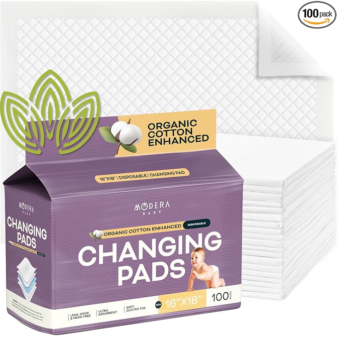 Organic Cotton Enhanced Disposable Changing Pad Liners | 16x18 Hypoallergenic Super Soft Ultra Absorbent Waterproof Quilted Underpads for Baby Diaper Table & Travel, Leak Proof, Mess Free (100 Pack)