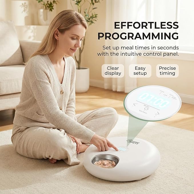 Ownpets Automatic Cat Feeder for Wet Food, with Stainless Steel Tray, 6 Meals Rechargeable Auto Pet Feeder with 2 Ice Packs, Cat Food Dispenser for Cats Small Dogs