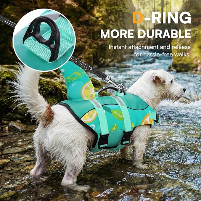 Dog Life Jacket with Rescue Handle - Adjustable Reflective Dog Vest for Swimming, Medium Dog, Green Print M