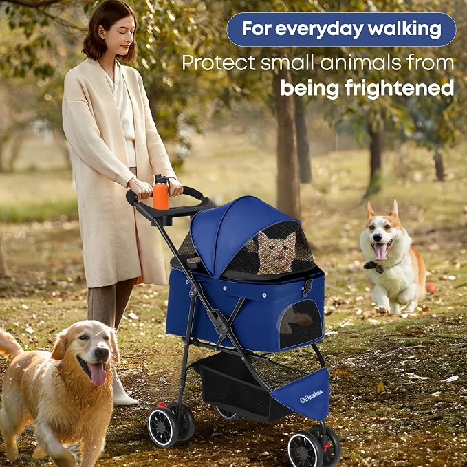 Pet Stroller,Dog Stroller for Small Medium Dogs Cats,3 Wheels,Navy Blue | Foldable,with Breathable Mesh Canopy,Cup Holders,Easy Assembly