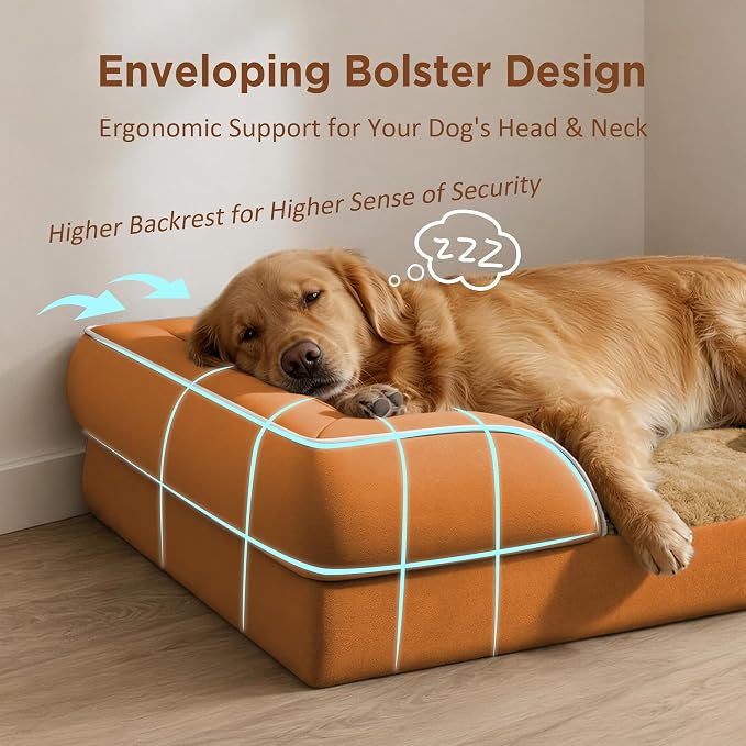 Comfort Expression Waterproof Orthopedic Dog Beds for Extra Large Dog | Supportive Egg Crate Foam Big Dog Bed with Removable Bolster, Dog Couch with Washable Cover & Non-Slip Bottom, 53x42Inch