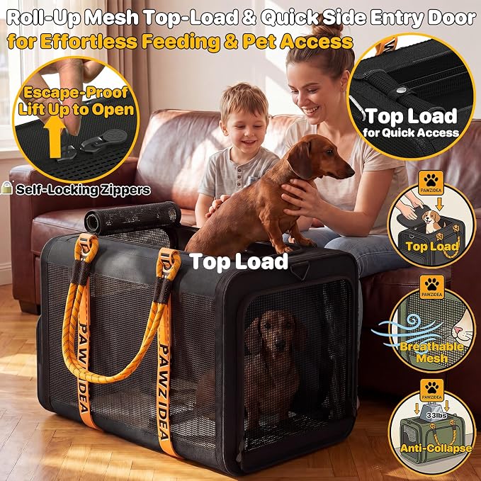 PAWZIDEA Expandable Large Pet Carrier, Soft-Sided 2–4 Cats Carrier Up 55lbs | 24"×16"×16" Collapsible Small to Medium Dog Carrier Travle Bag, Portable Dog Crate for Car Travel, Breathable, Storage Pocket