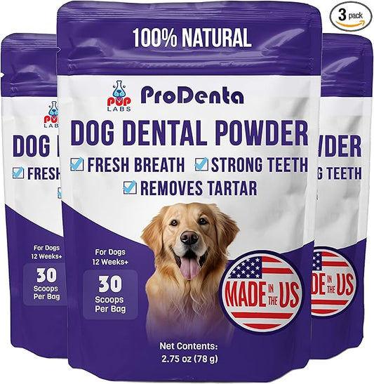 Pup Labs ProDenta, Dog Teeth Cleaning and Dog Breath Freshener, Natural Powder for Plaque, Tartar, and Gum Support Made in USA, 3-Pack (90 Scoops)