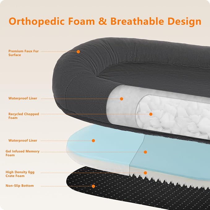 Human Dog Bed for Adult, Orthopedic Gel Memory Foam, 71"x47"x9" | Human Dog Bed Fits Adult & Pets, Reversible Egg-Crate Foam Cushion, Washable Pet Bed with Blanket, Black Grey