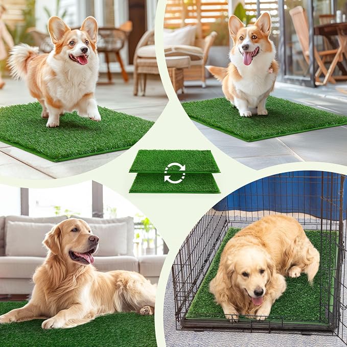 LOOBANI Dog Grass Pee Pads, 14.1x18.1in Artificial Grass Pad for Potty Tray | 2 Pack, Hemmed Edge, Fake Grass for Dogs to Pee On, Washable, Replacement Turf, Outdoor Indoor Pee Grass Patch, Easy to Clean