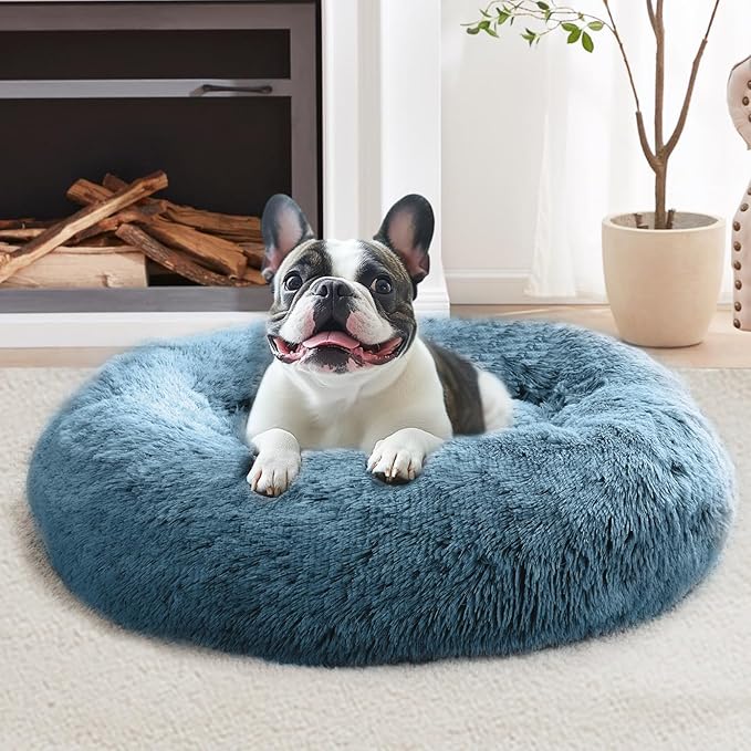 JOLLYVOGUE Calming Dog Bed Medium Size Dog, Anti-Anxiety Donut Medium Pet Bed, 27 inches Fluffy Faux Fur Round Cat Bed (Blue)