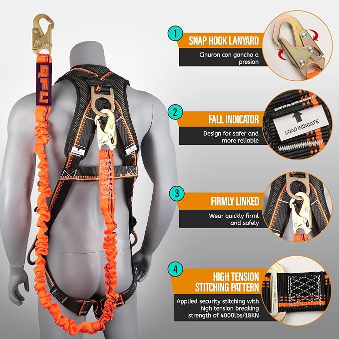 Full Body Safety Harness & Fall Protection Kit with Padded Straps, ANSI Compliant, Includes Shock-Absorbing Lanyard for Roofing, Construction and Industrial Use