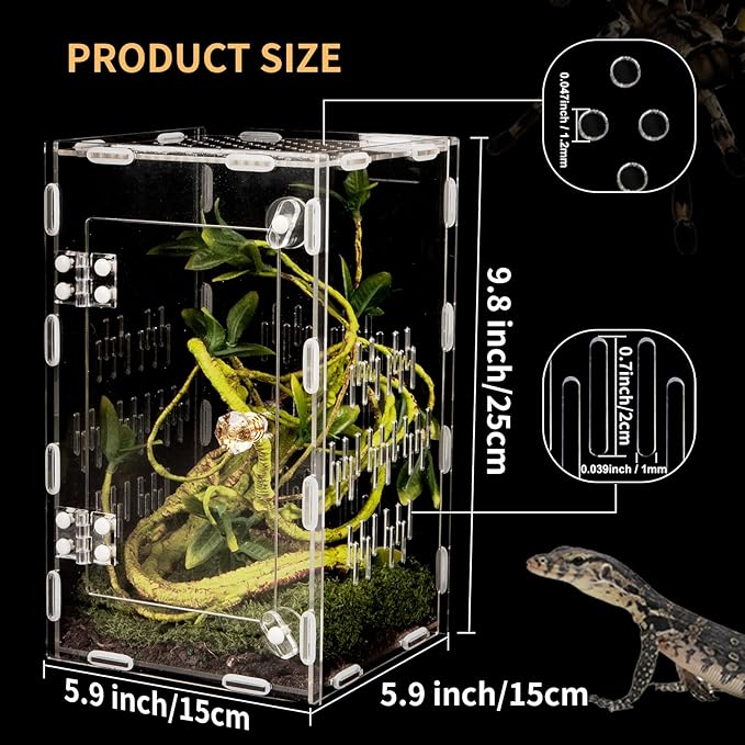 Acrylic Reptile Terrarium Easy Assembly, 360° Clear & Keep Pet Secure Design for Jumping Spiders, Tarantulas, Geckos Scratch-Resistant Large Ventilated Habitat Terrarium for Arachnids 9.8*5.9*5.9in