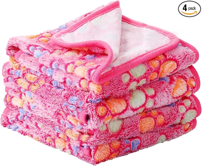 Tatuo 4 Pack Fleece Dog Blankets for Puppy Cats Multi-Size Sleep Mat for Pet Guinea Pig Soft Washable Warm Crate Bed Puppy Teething Toys Print Pattern Blanket Indoor(Pink,24 x 16 Inch,Paw)