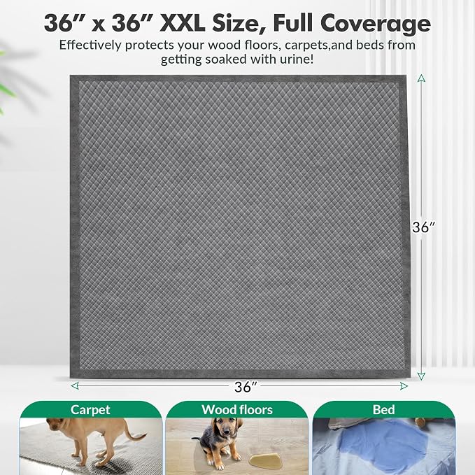 Upgraded Charcoal Puppy Pads, XXL 36’’x36’’ Pee Pads for Dogs, Super Absorbent Up to 12 Cups, Odor Control & Leak Proof Dog Training Pads for Surgery, Older,Puppy, 30 Counts