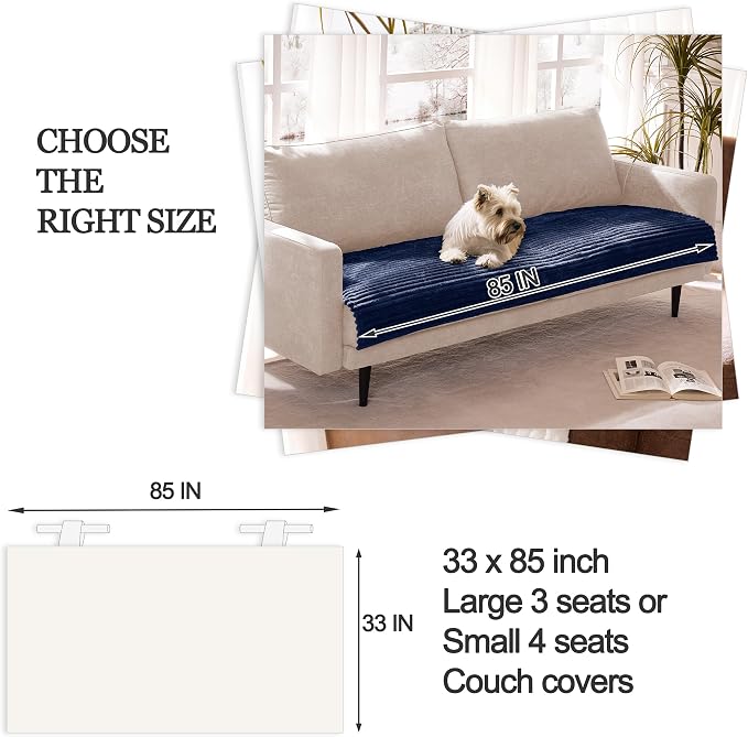 Dual Non-Slip Couch Cover for Dogs Waterproof, Fuzzy Soft Pet Couch Covers for Sofa 3 Cushion, Pet Friendly Soft Dog Bed Covers Sofa Cover Washable (Navy Blue, 33" x 85" 1 Pack)