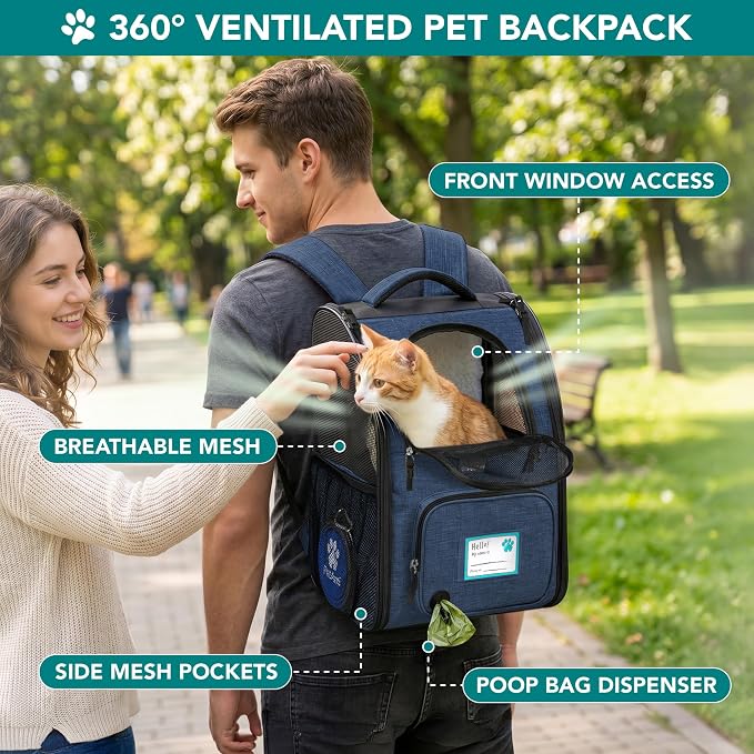 PetAmi Expandable Dog Backpack Carrier for Cats & Pets, Breathable Cat Carrier Backpack with Top Window & Multi-Entry, Ventilated Foldable Travel Carrier for Small Medium Pets up to 18 lbs, Navy