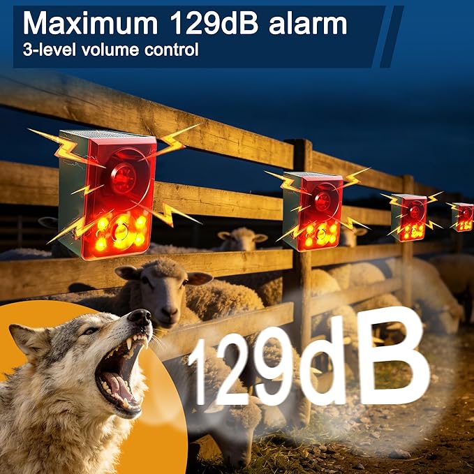 Solar Outdoor Motion Sensor Alarm - QXMH Dog Barking & Gunshot Sound, Support Recording&±Volume, 130db Motion Detector Alarm Light,with USB for Home,Villa,Farm,Barn,Say Goodbye to The Intruders