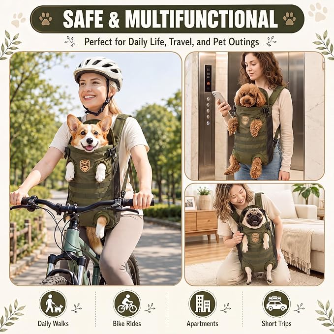 Dog Carrier Tactical Backpack for Medium Large 26-40lbs, Dog Soft Hands-Free Legs Out Pet Cat Front Carrier Backpack Facing Travel Bag for Outdoor Traveling Hiking Camping Bike(Green)