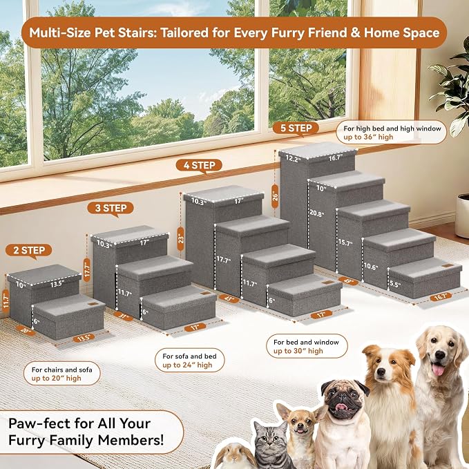 Zerbuger Dog Stairs with Storage, Grey 4 Steps Dog Ramp no Condo for Bed | 23" H Wider Dog Steps for High Beds Couch, Folding Storage Pet Stairs Gift for Climbing Small/Medium/Large Old Dogs Cats