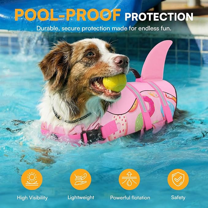 Dog Life Jacket, Dog Life Vest for Swimming, Medium Dogs Shark Swimming Safety Vest Adjustable Preserver with High Buoyancy, Pet Lifesaver for Medium Dogs, Pink Donut M